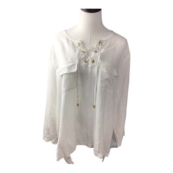 Ellen Tracy Tops - Ellen Tracy Linen Pullover Lace-Up White Tunic Top XL Roll Tab Sleeve